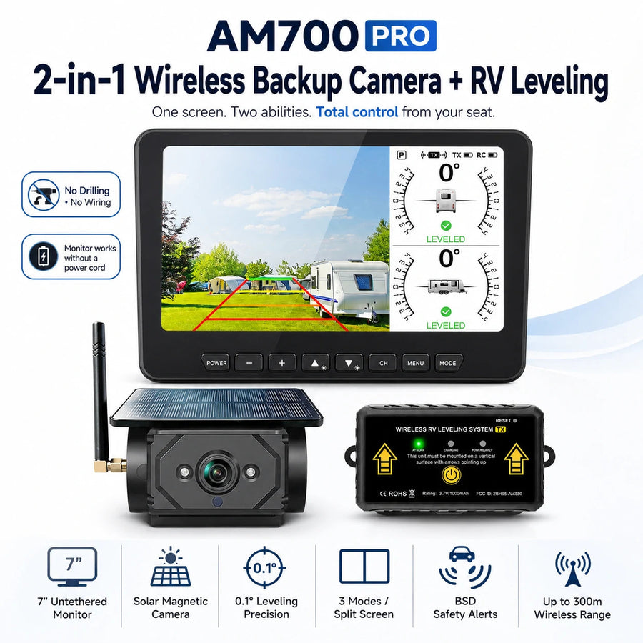 Solar magnetic RV backup camera and wireless leveling system